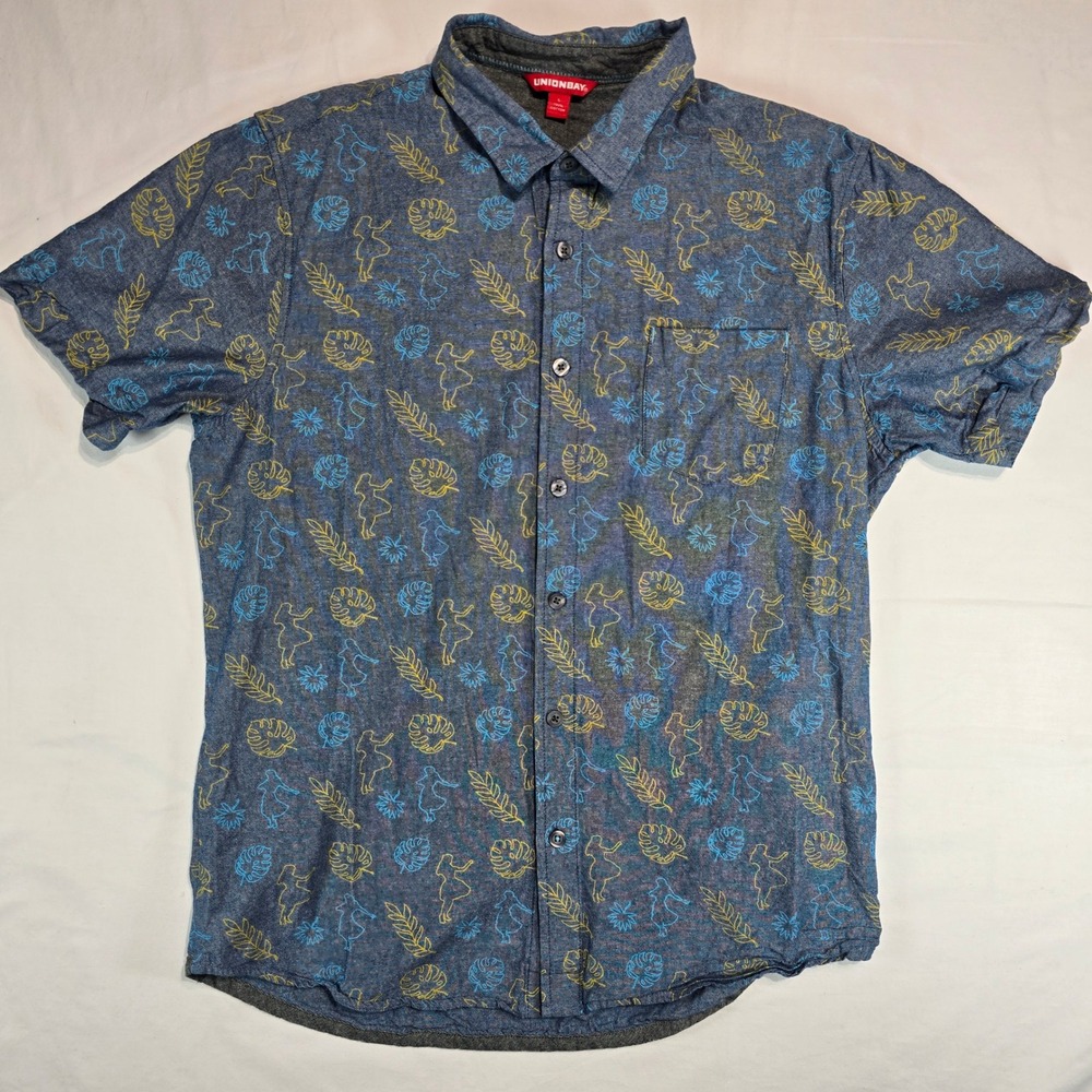 Unionbay Mens Blue Tropical Hula Dancer Print Cotton Short Sleeve Shirt Large